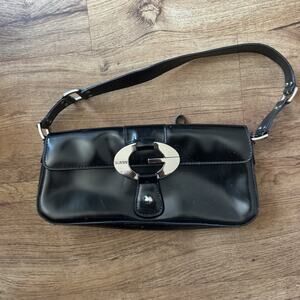 VTG Guess Black Patent Shoulder Bag Y2K Rectangle Buckle Logo Purse Retro EUC